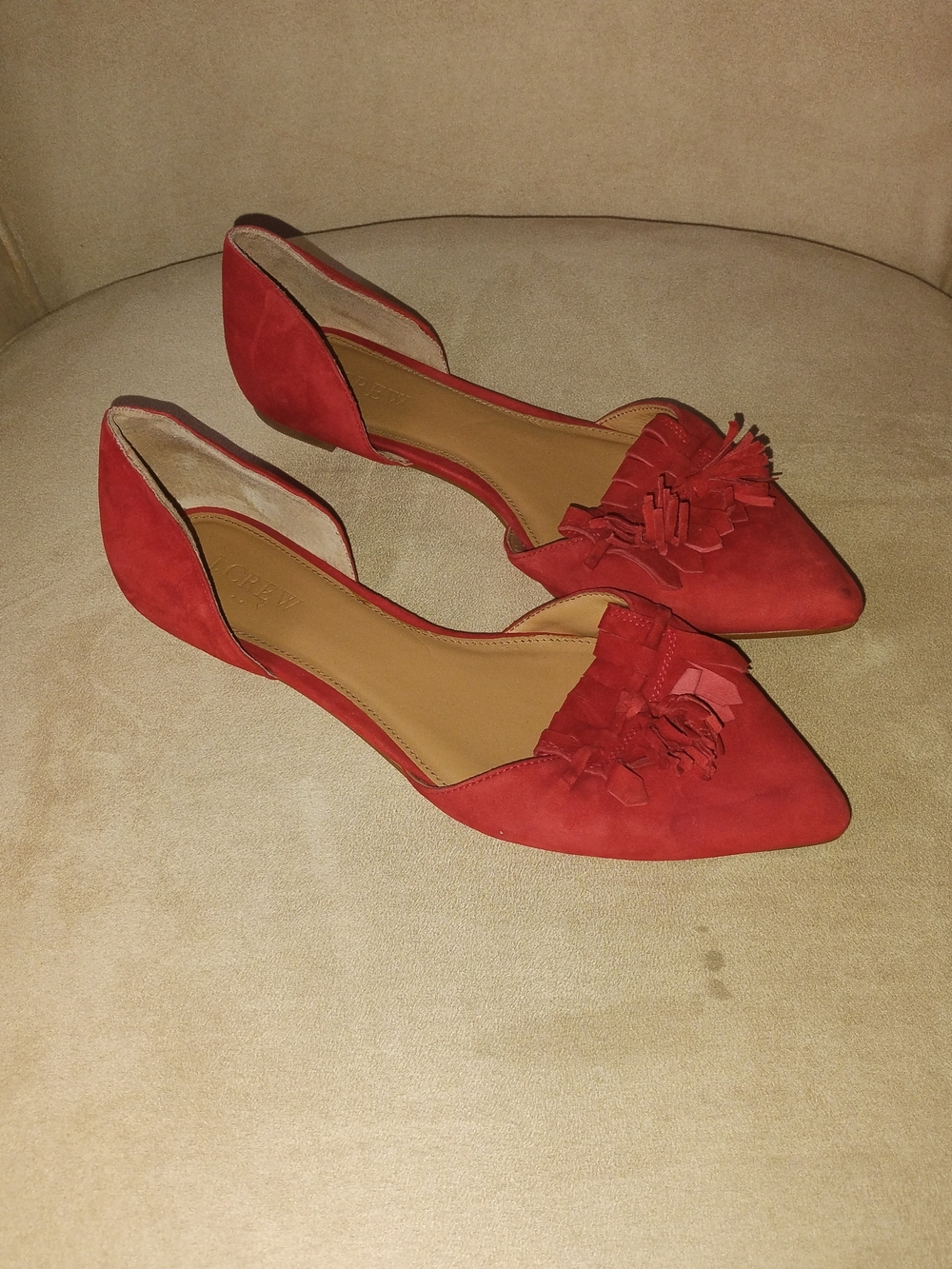 J. Crew Red Suede Pointed D'Orsay Flats with Tassel Fringe